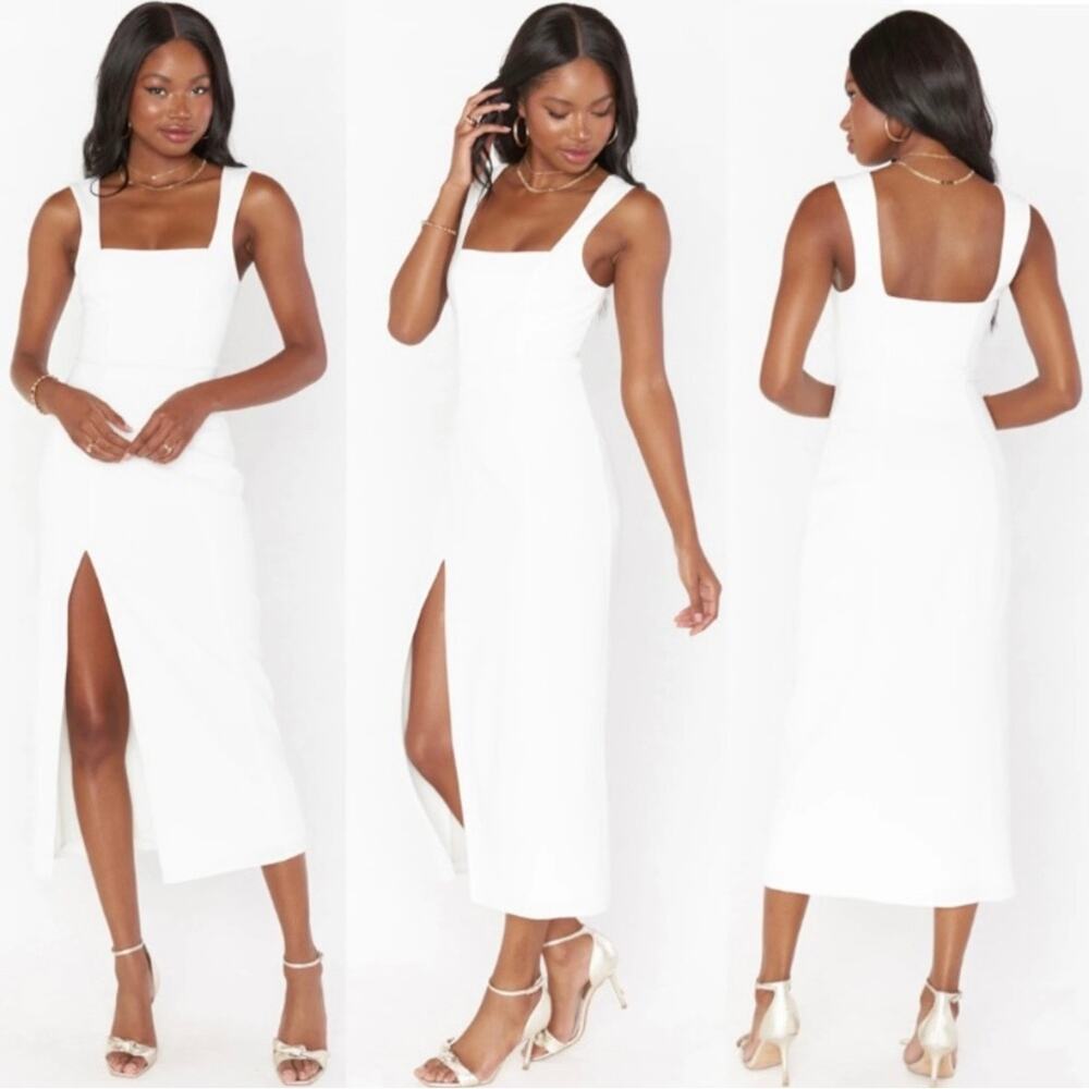 Show Me Your MuMu White Square-Neck Midi Dress with Side Slit